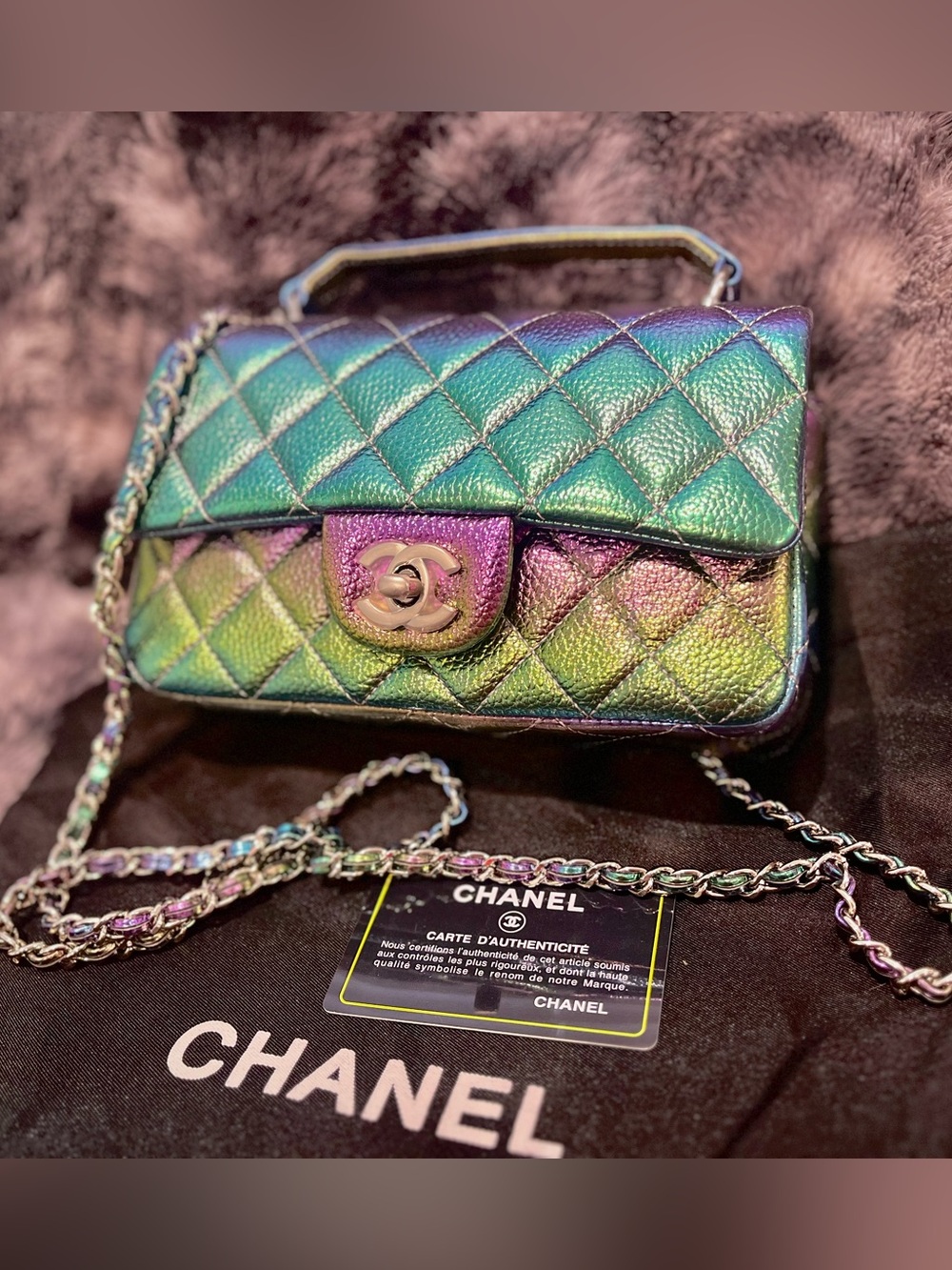 Iridescent Quilted Mini Flap Bag - Green/Purple